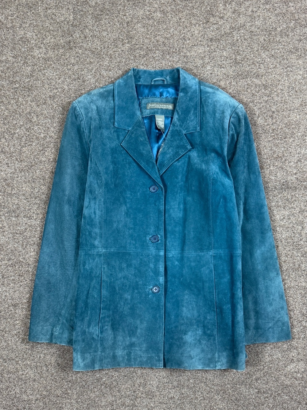 Vintage Jessica Holbrook Blue Suede Leather Button Front Blazer Jacket Women’s L